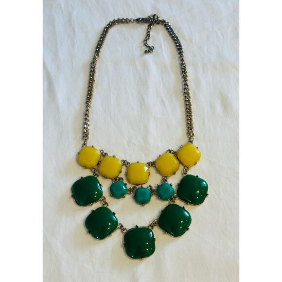 J. Crew Green & Yellow Beads gold tone Statement Chunky bib Necklace preppy bold - Picture 1 of 5